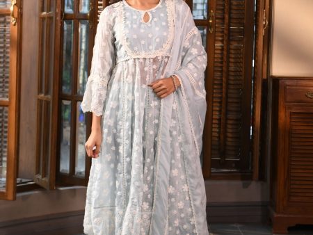 Mulmul Organza Souri Light Blue Anarkali Kurta With Mulmul Cotton Souri Light Blue Pant Sale