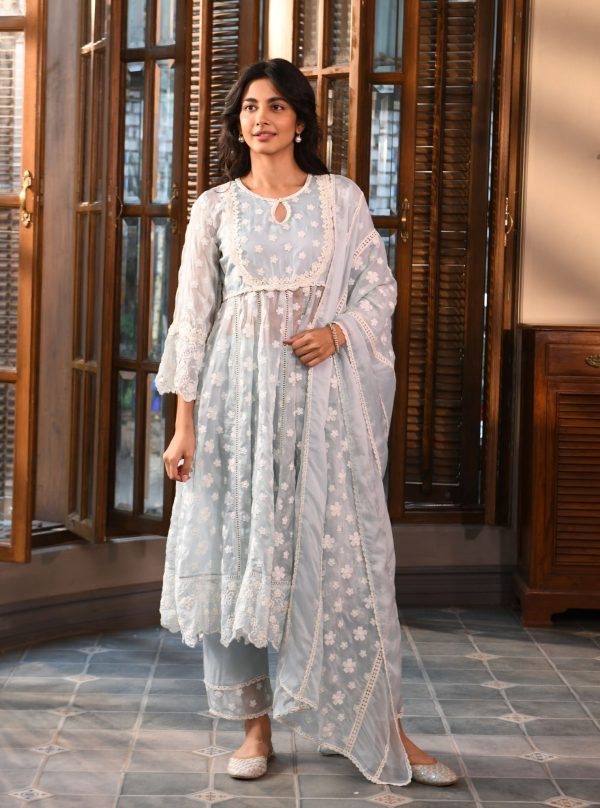 Mulmul Organza Souri Light Blue Anarkali Kurta With Mulmul Cotton Souri Light Blue Pant Sale