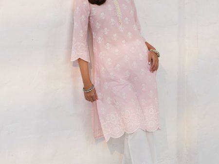 Mulmul Cotton Arpora Pink Kurta With Mulmul Cotton Arpora White Pant Supply