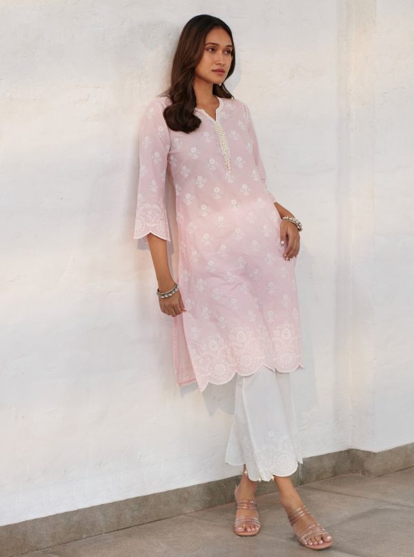 Mulmul Cotton Arpora Pink Kurta With Mulmul Cotton Arpora White Pant Supply