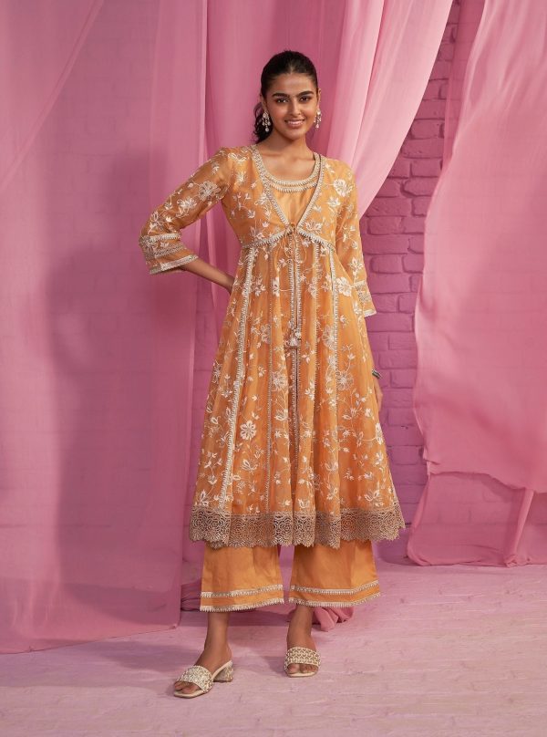 Mulmul Organza Sharvi Orange Anarkali Kurta With Mulmul Cotton Sharvi Orange Pant Hot on Sale