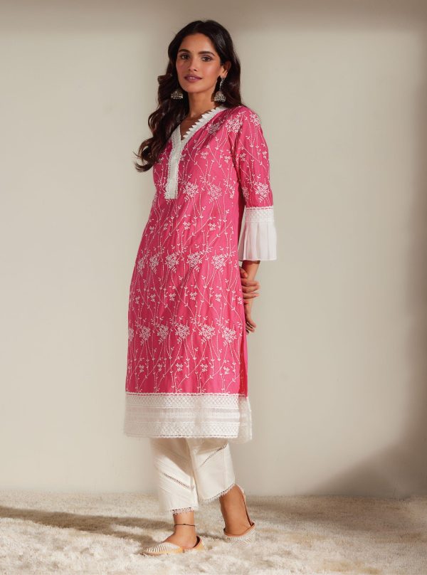 Mulmul Cotton Carmen Pink Kurta Hot on Sale