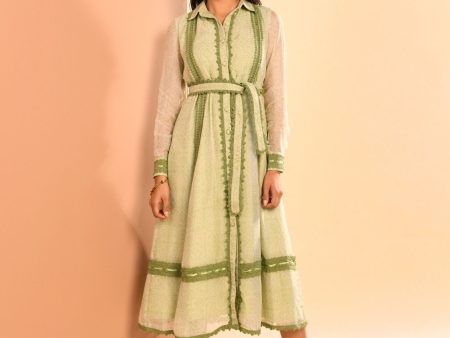 Mulmul Organza Liz Printed Green Long Dress Cheap