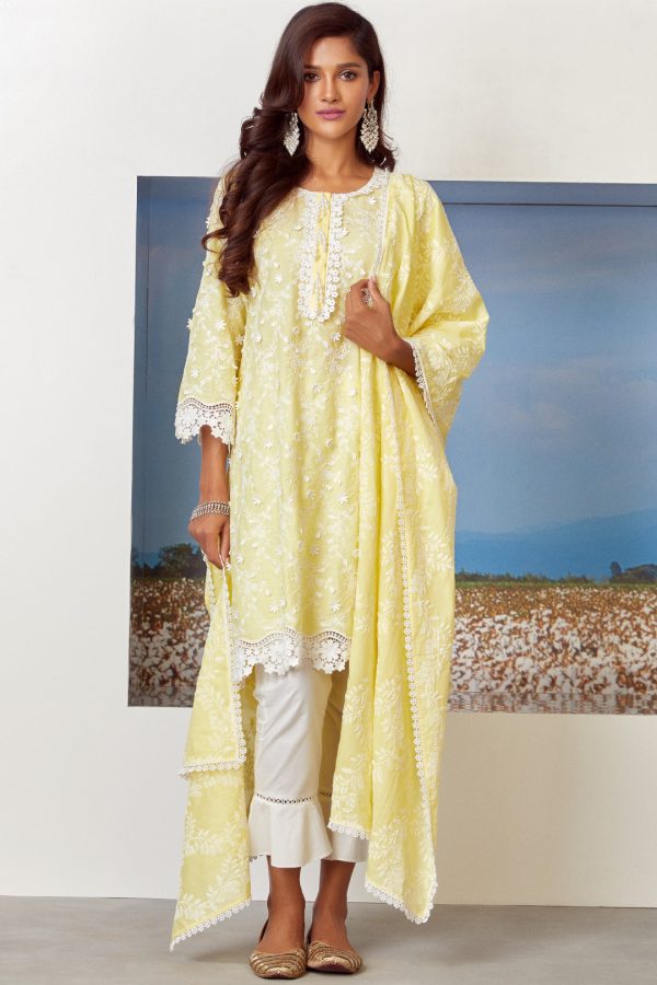 Mulmul Cotton Baybreeze Yellow Kurta Online Sale