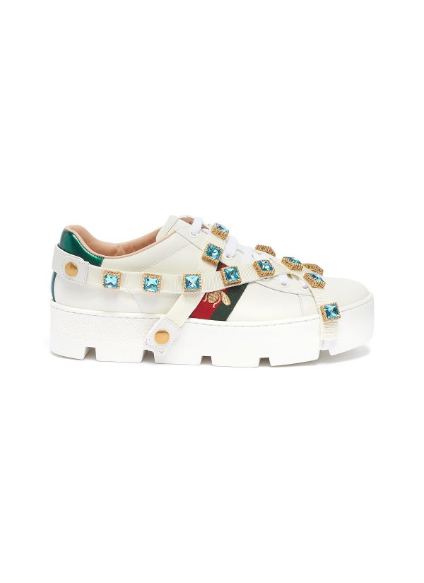 Ace  glass crystal strap leather flatform sneakers - Gucci - White Supply