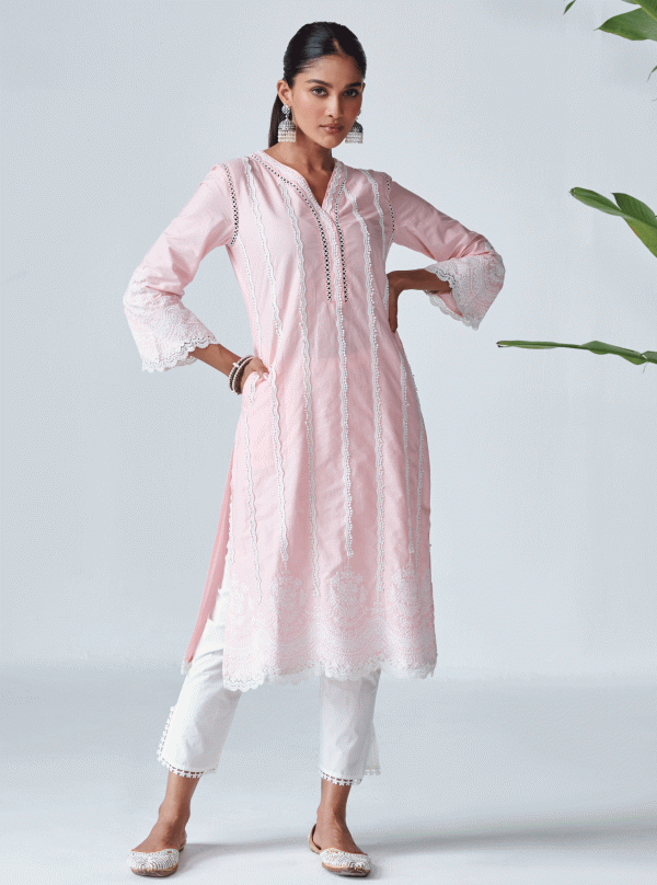 Mulmul Cotton Ellen Pink Kurta Online Sale