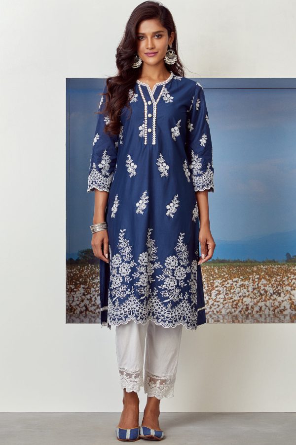 Mulmul Cotton Moon Light Navy Kurta Online now