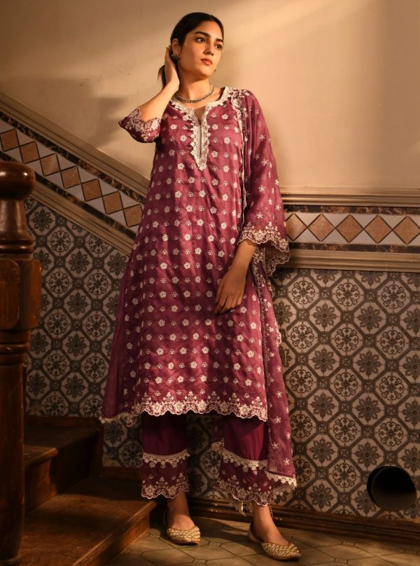 Mulmul Chanderi Miri Lilac Kurta With Mulmul Chanderi Miri Lilac Pant Discount