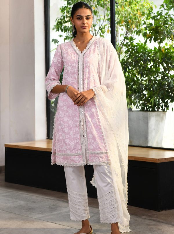 Mulmul Cotton Briallen Kurta Pink For Sale