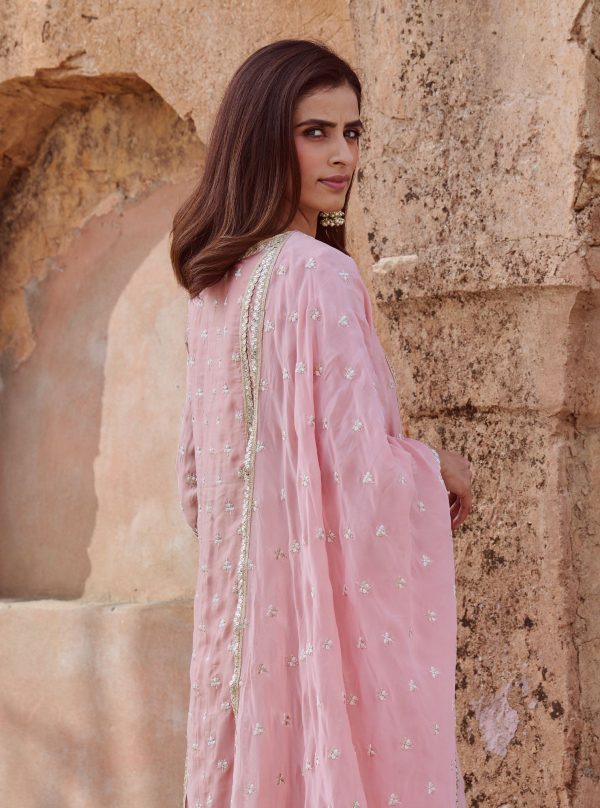 Mulmul Organza Satin Kundmayi Light Pink Kurta with Mulmul Modal Satin Kudmayi Light Pink pallazo For Sale