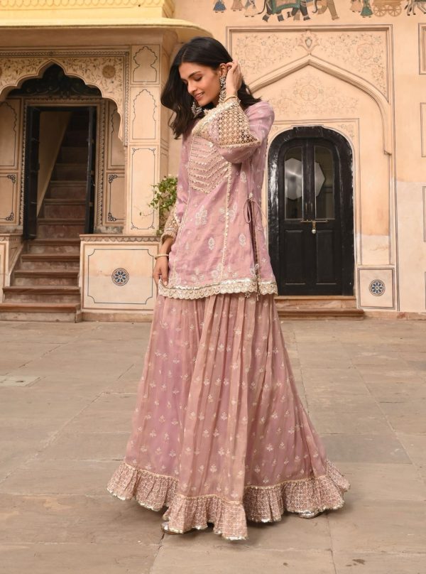 Mulmul Luxe Tissue Satin Lamhe Lilac Kurta with Mulmul Luxe Tissue Lamhe Lilac Skirt Sale