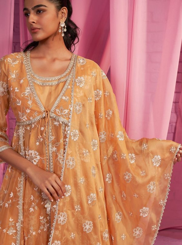 Mulmul Organza Sharvi Orange Anarkali Kurta With Mulmul Cotton Sharvi Orange Pant Hot on Sale