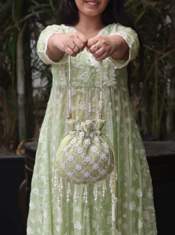 Mulmul Ruhani Lime Green Potli Bag Online now