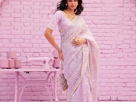 Mulmul Organza Rey Lavender Saree Online