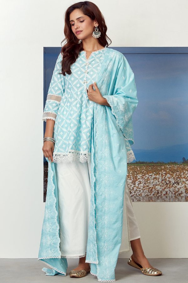 Mulmul Cotton Dew Drop Turq Kurta For Cheap