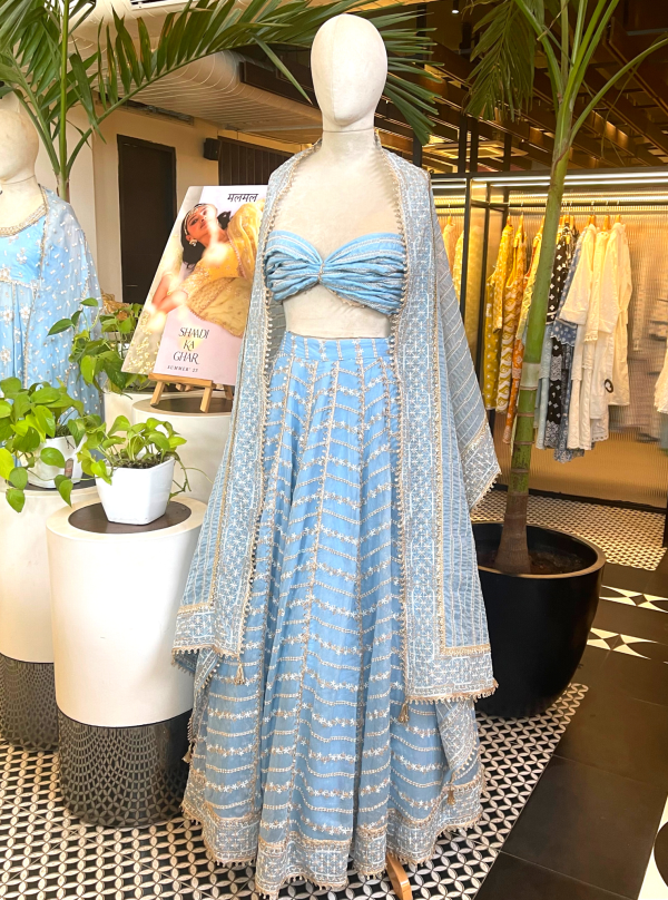 Mulmul Organza Gulmohar Blue Lehenga Online