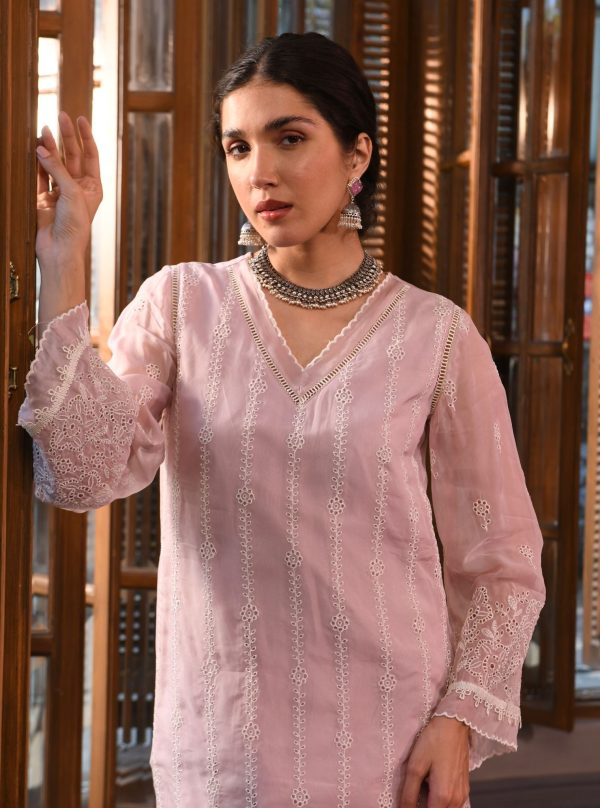 Mulmul Organza Parisa Dusty Pink Kurta With Mulmul Cotton Parisa Dusty Pink Pant For Discount