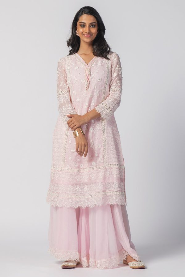 Mulmul Tencel Luxe Organza Fiona Kurta Pink With Viscose Fiona Sharara on Sale