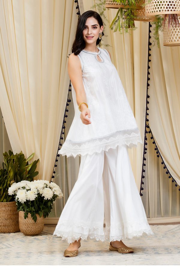 Mulmul Blossom White Kurti With Blossom Sharara Cheap