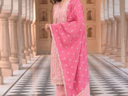 Mulmul Banarsi Gerua Pink Kurta with Mulmul Banarsi Gerua Pink Pant Sale