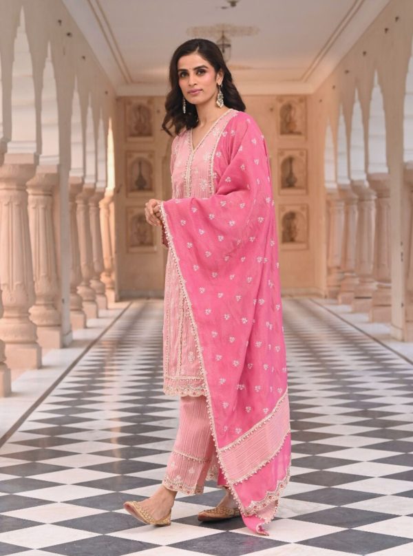 Mulmul Banarsi Gerua Pink Kurta with Mulmul Banarsi Gerua Pink Pant Sale