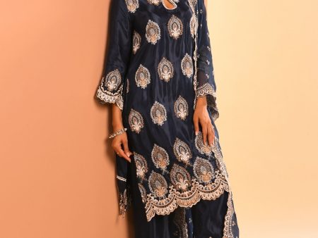 Mulmul Cupro Sydney Navy Kurta With Mulmul Cupro Sydney Navy Pant Hot on Sale