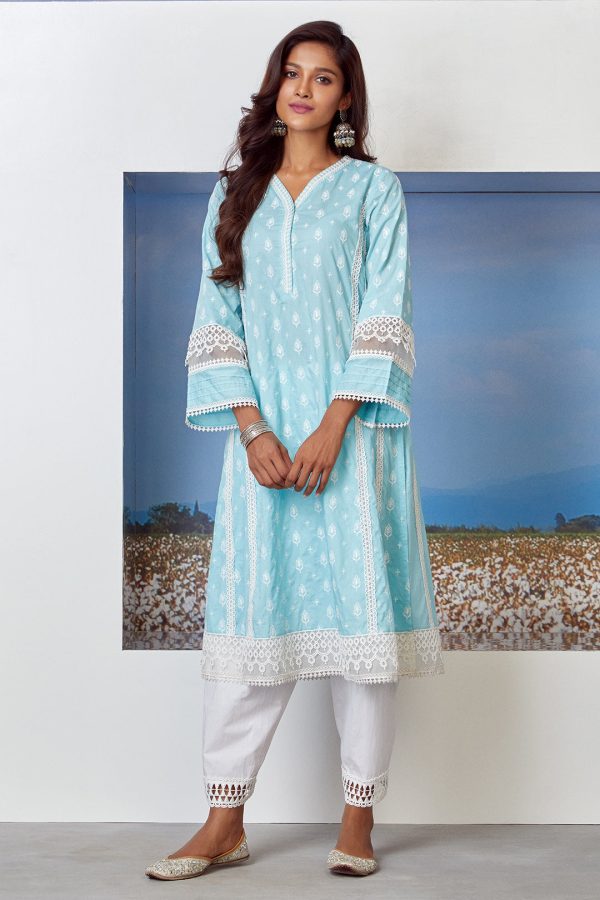 Mulmul Cotton Lake Shore Turq Kurta Sale