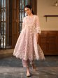 Mulmul Organza Souri Dusty Pink Anarkali Kurta With Mulmul Cotton Souri Dusty Pink Pant For Cheap