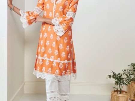 Mulmul Pima Tatiana Orange Kurta Discount