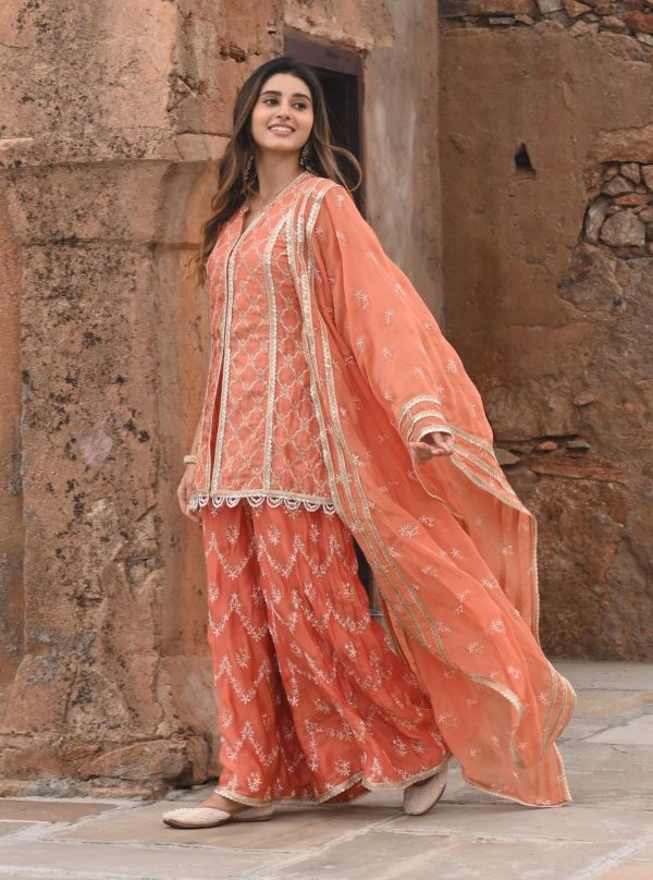 Mulmul Organza Satin Ainah Burnt Orange Kurta with Mulmul Organza Satin Ainah Burnt Orange Sharara Online Hot Sale