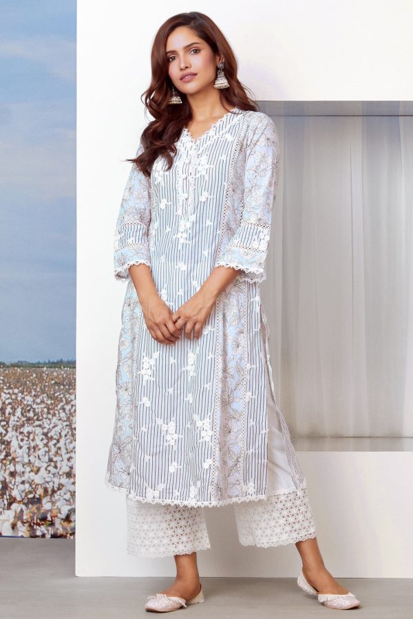 Mulmul Cotton Carnaby Light Blue Kurta Sale