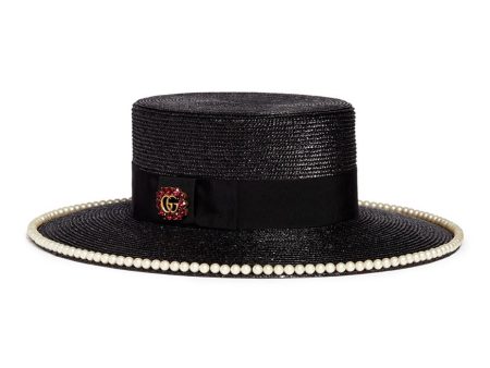 Glass pearl logo brooch straw boater hat - Gucci - Black Online Sale