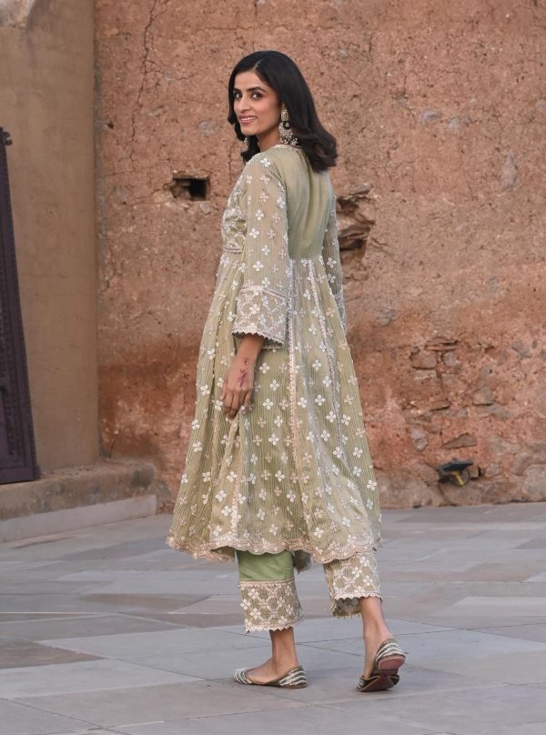 Mulmul Banarsi Bhumbro Green Anarkali Kurta with Mulmul Pima Satin Bhumbro Green Pant For Cheap