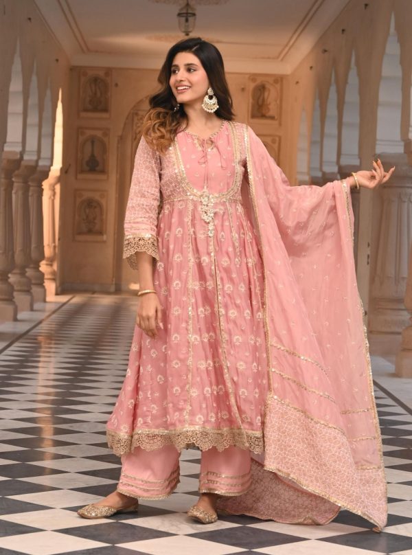 Mulmul Organza Satin Navrai Light Pink Anarkali Kurta with Mulmul Luxe Satin Navrai Light Pink Pant For Cheap