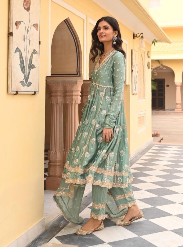 Mulmul Organza Satin Tareefan Teal Blue Anarkali Kurta with Mulmul Modal Satin Tareefan Teal Blue Pant Online Sale