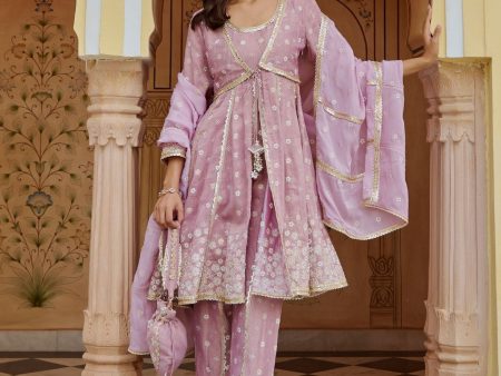 Mulmul Tissue Satin Sajeya Lilac Anarkali Kurta with Mulmul Luxe Tissue Satin Sajeya Lilac Dhoti Pant Discount