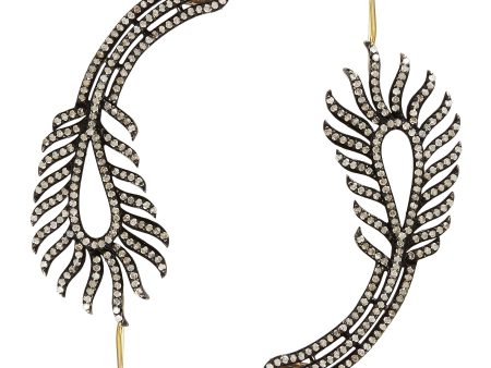 Diamond silver gold alloy mismatched feather drop ear climbers - Aishwarya - Metallic on Sale