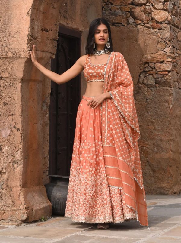 Mulmul Organza Satin Baliye Burnt Orange Lehenga For Sale