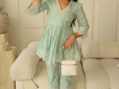 Mulmul Cotton Ayn Teal Blue Top With Mulmul Cotton Ayn Teal Blue Pant Hot on Sale