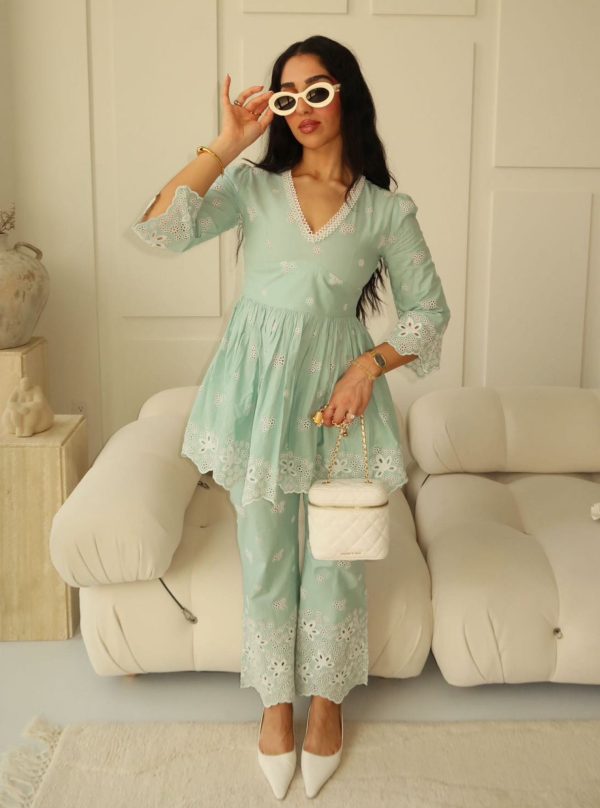 Mulmul Cotton Ayn Teal Blue Top With Mulmul Cotton Ayn Teal Blue Pant Hot on Sale