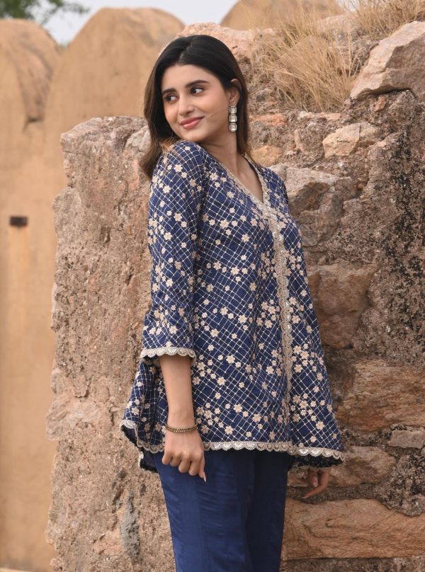 Mulmul Organza Satin Afreen Navy Top with Mulmul Modal Satin Afreen Navy Sharara on Sale