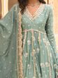 Mulmul Organza Satin Tareefan Teal Blue Anarkali Kurta with Mulmul Modal Satin Tareefan Teal Blue Pant Online Sale