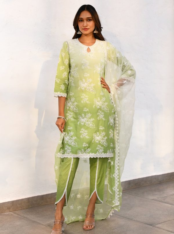 Mulmul Cotton Savri Green Kurta With Mulmul Cotton Savri Green Dhoti Pant Online now