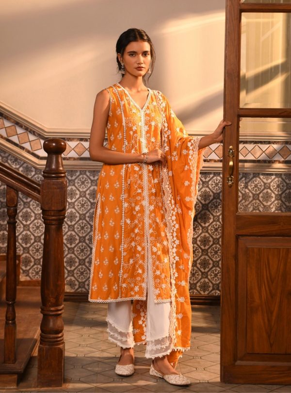 Mulmul Cotton Ensi Orange Kurta Cheap