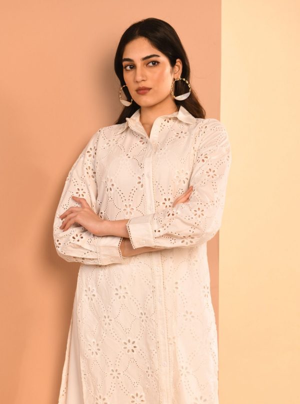 Mulmul Cotton Trix White Long Shirt with Mulmul Cotton Trix White Pant Hot on Sale