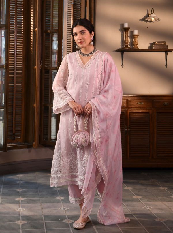 Mulmul Organza Parisa Dusty Pink Kurta With Mulmul Cotton Parisa Dusty Pink Pant For Discount