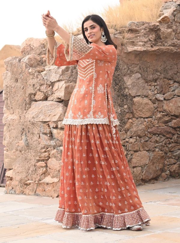 Mulmul Luxe Tissue Satin Lamhe Burnt Orange Kurta with Mulmul Luxe Tissue Lamhe Burnt Orange Skirt For Discount