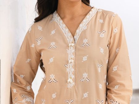 Mulmul Cotton Satari Beige Kurta With Mulmul Cotton Satari White Pant For Cheap