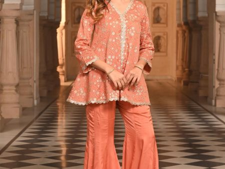 Mulmul Organza Satin Afreen Burnt Orange Top with Mulmul Modal Satin Afreen Burnt Orange Sharara Online Hot Sale