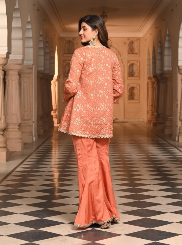 Mulmul Organza Satin Afreen Burnt Orange Top with Mulmul Modal Satin Afreen Burnt Orange Sharara Online Hot Sale